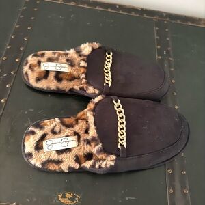 Jessica Simpson Black & Leopard Faux Fur Lined Slippers Women's Size XL 9-10